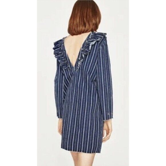 Zara New Blue White Striped Denim Jean Long Sleeve Mini Dress 5520/18/401/3 - Picture 2 of 11